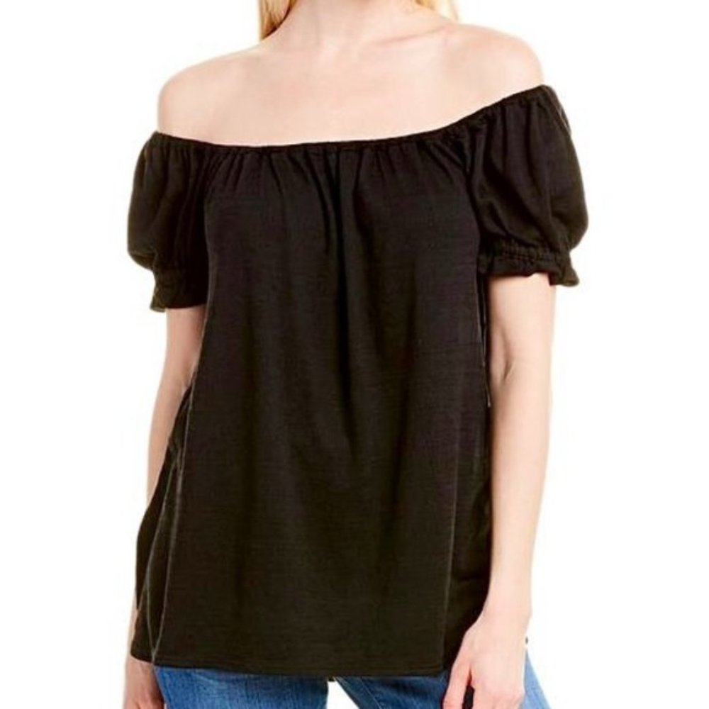 New Max Studio Textured Knit Short Sleeve Off The Shoulder Top Black Size XS